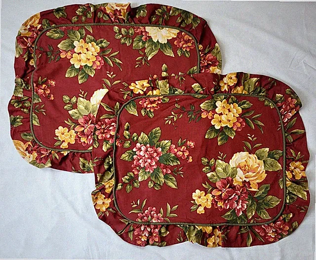 2 Waverly Floral Manor Pillow Shams Dark Red Green Trim Ruffle Std Cotton 32x27