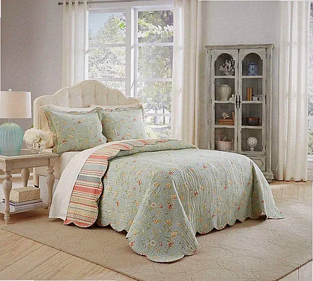 3-Pc Waverly Garden Glitz Vapor King Bedspread Set | Shabby Chic Floral Stripes