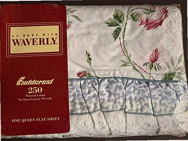 NEW RARE ~Waverly QUEEN FLAT SHEET Ruffle Flower FLORAL Blue Coral NWT!