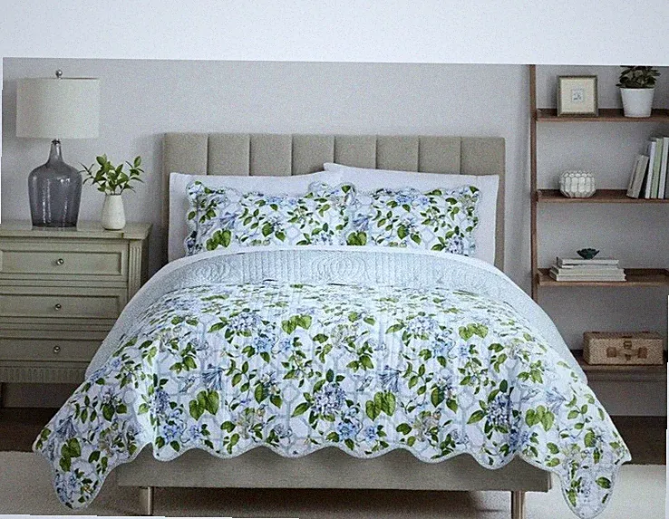 NIP Waverly Treillage Trellis Blue White Floral KING Bedspread Set 3pc