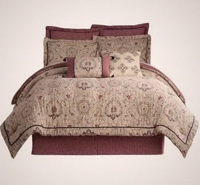 Waverly 4 Pc Queen Comforter Set Castleford Beige/Maroon Shams Bedskirt COTTON
