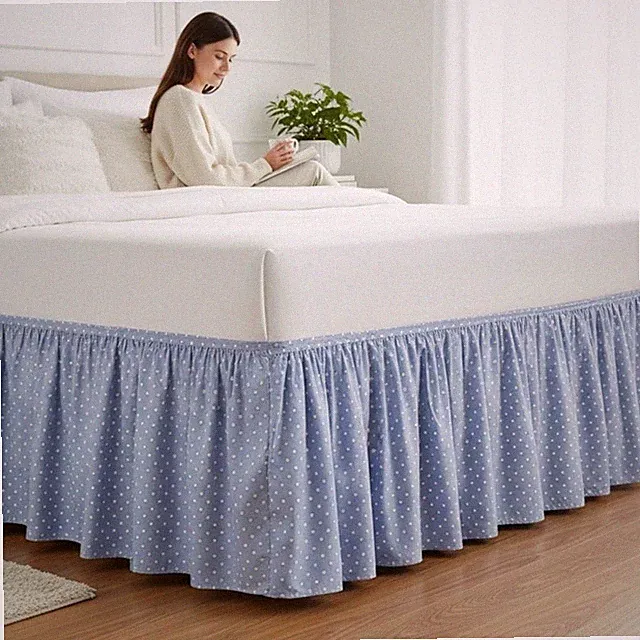 Waverly Blue White Polka Dot Cotton Preppy Farmhouse Cottage King Size Bed Skirt