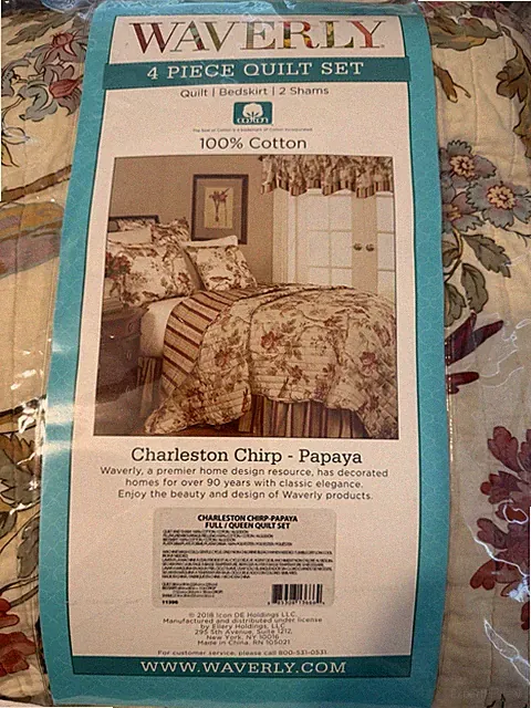 Waverly Charleston Chirp Papaya Reversible Quilt Set FQ 4pc Birds Floral