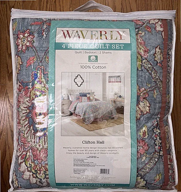 Waverly Clifton Hall -Denim Floral 4 pc Set King Quilt Bedskirt & Shams NWT