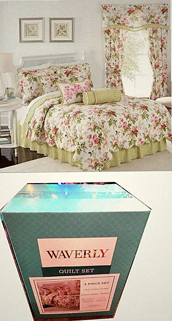 WAVERLY Emmas Garden Blossom Reversible Quilt Bedspread Cabbage Roses Lilacs 4P