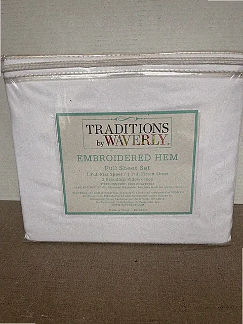 Waverly Traditions Full Sheet White Embroidered Hem 4 Pc. Bedding New 100% Poly